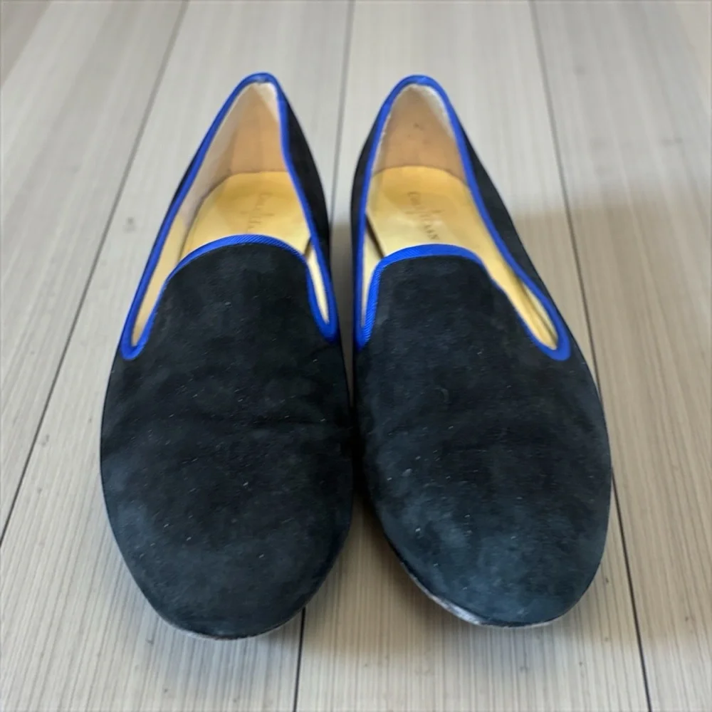 Cole Haan Classic black suede heavy royal blue grosgrain ribbon trim Flat 9.5 - Picture 4 of 5